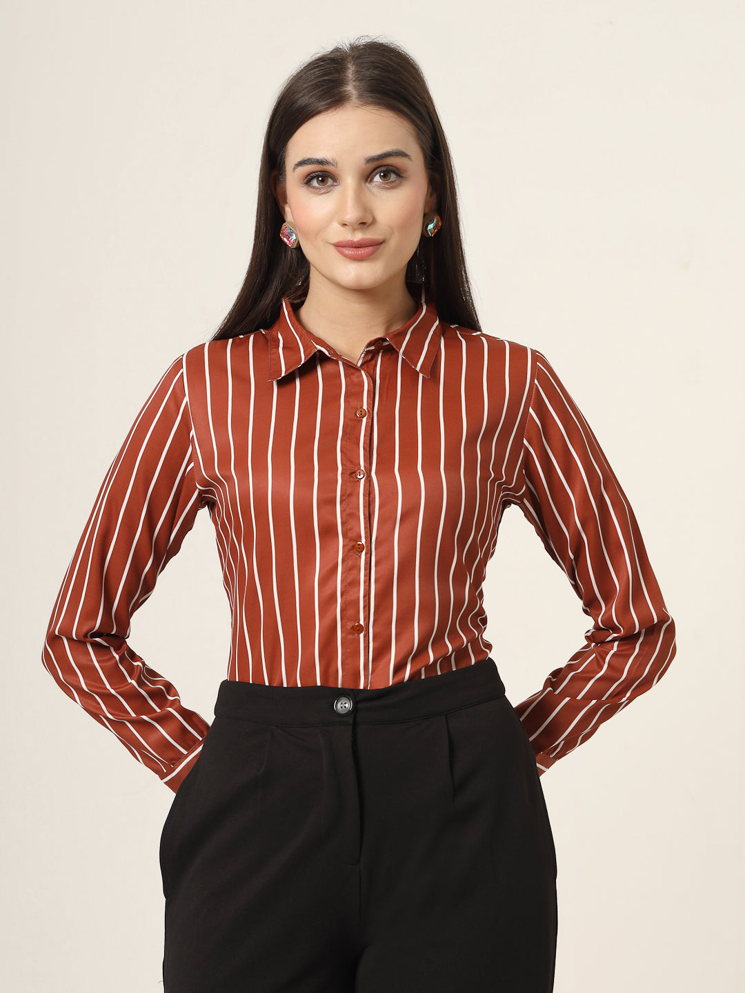 Style Quotient Women Brown And White Stripe Printed Polyester Regular Fit Formal Shirt