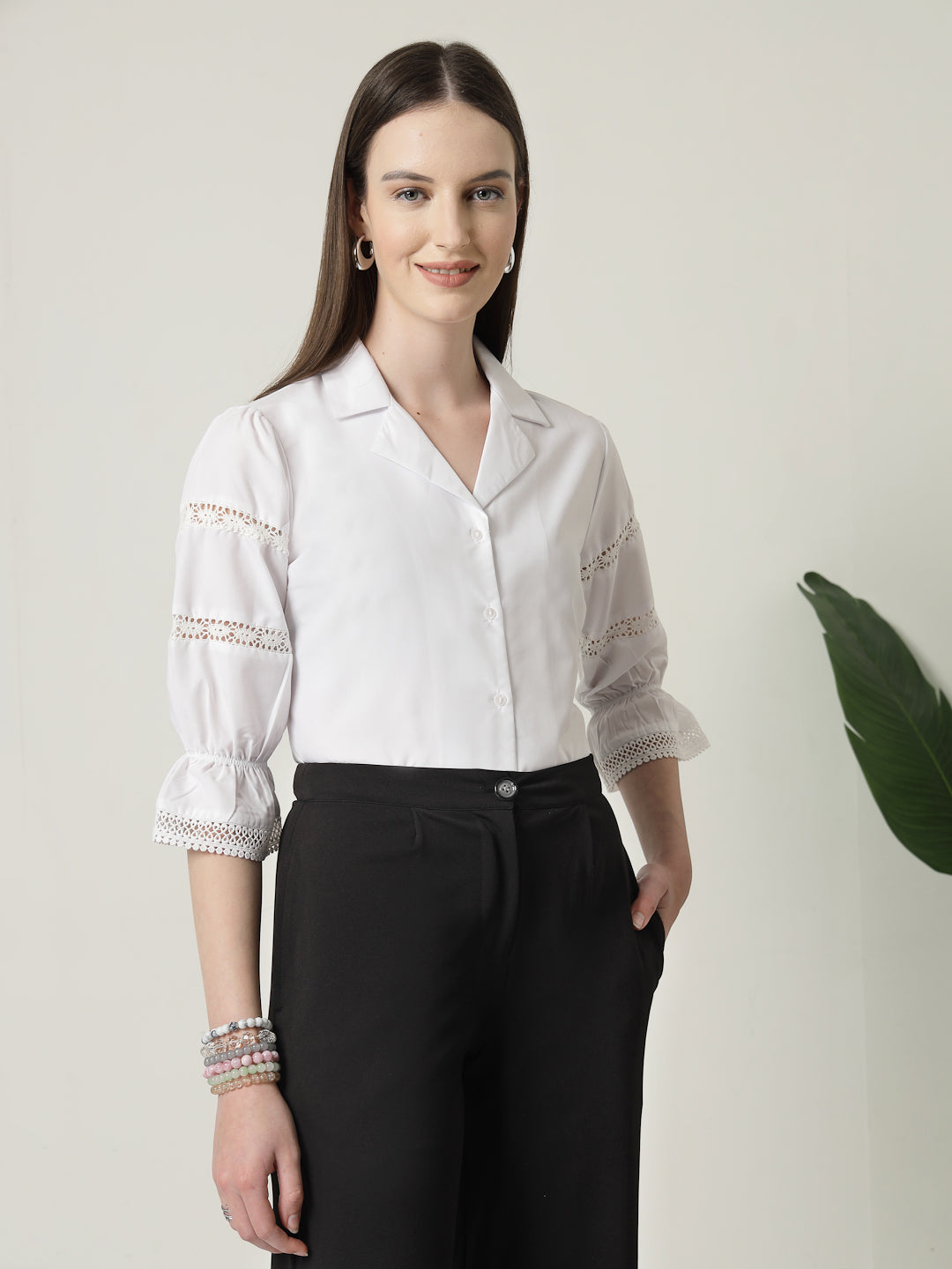 Style Quotient Women Solid White Regular Fit Lace Insert Formal Shirt