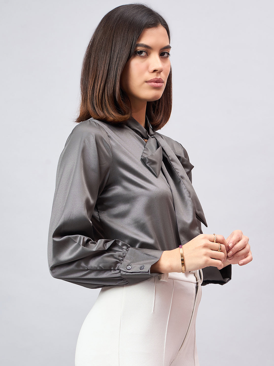 Style Quotient Women Solid Slate Grey Satin Tie up Regular Formal Shirt