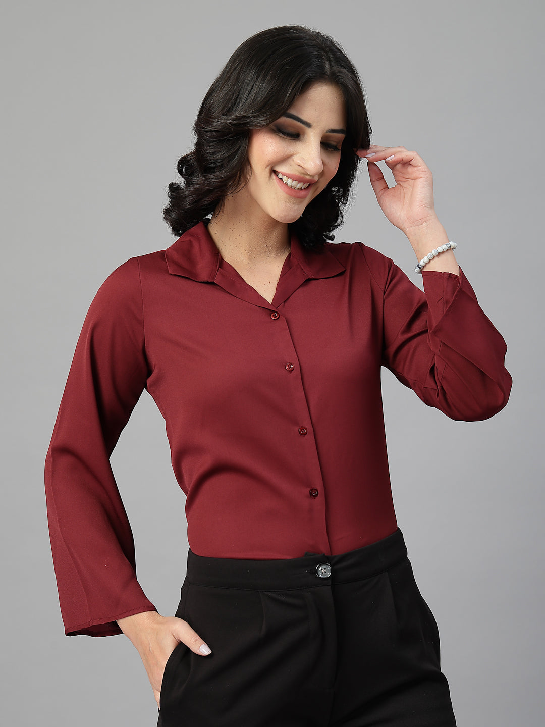 Style Quotient Women Solid Maroon Polymoss Formal Shirt