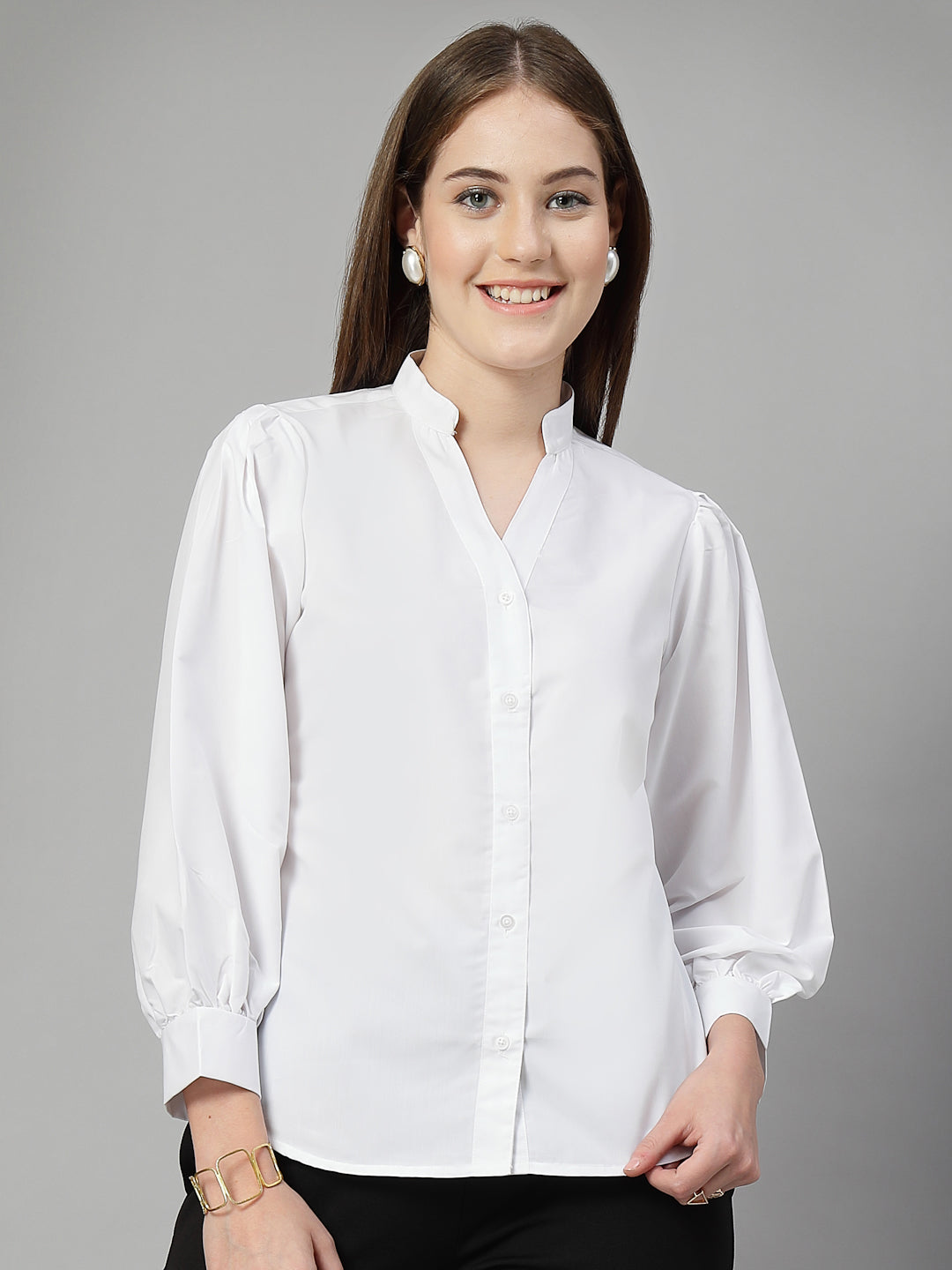 Style Quotient Women Solid White Polycotton Formal V Neck Shirt