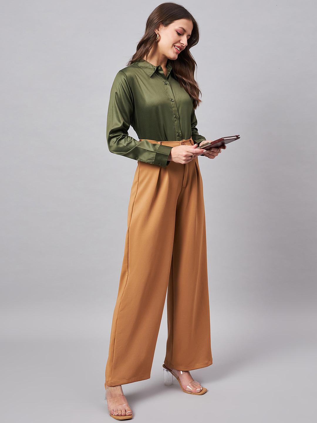 Style Quotient Women Olive Satin Regular Formal Shirt