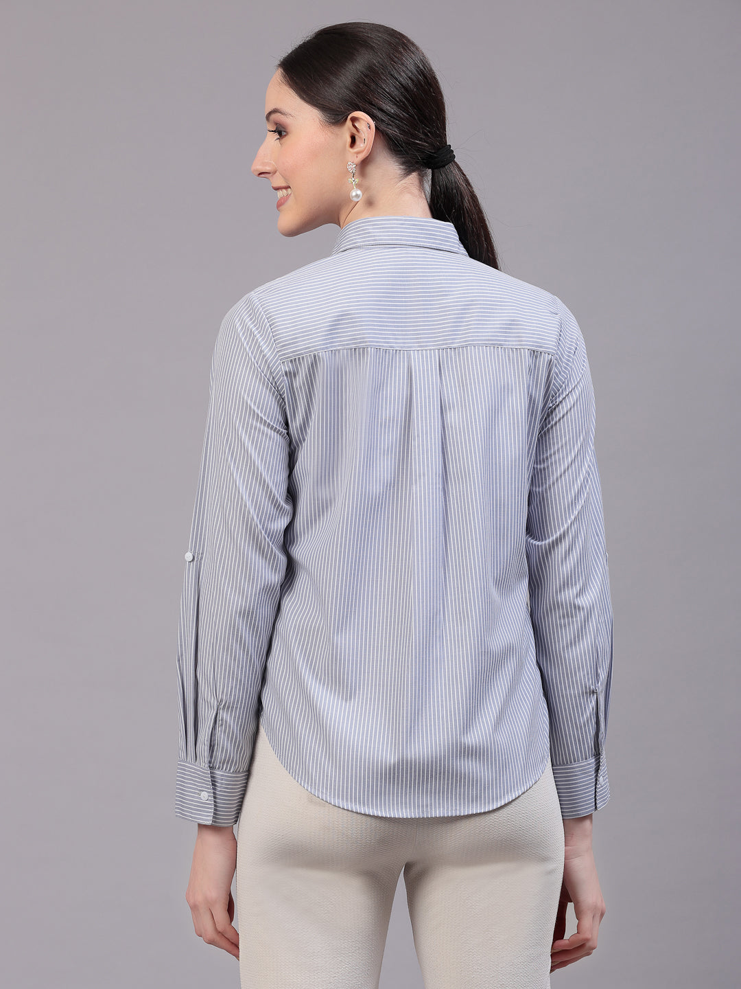 Style Quotients Women Gray And White Cotton Stripe Smart Casual Shirt