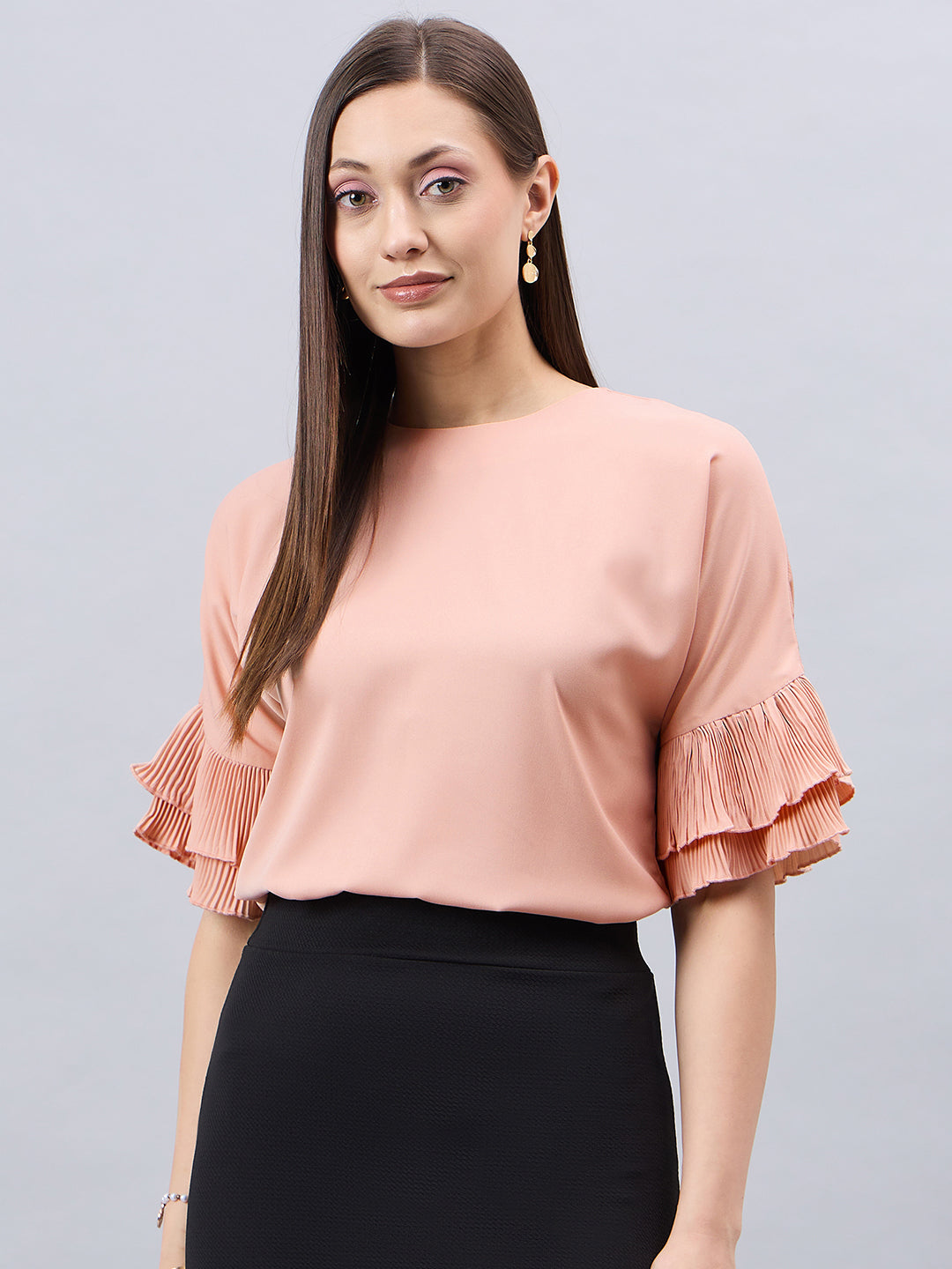 Style Quotient Women Solid Nude Polymoss Relaxed Fit Smart Casual Top