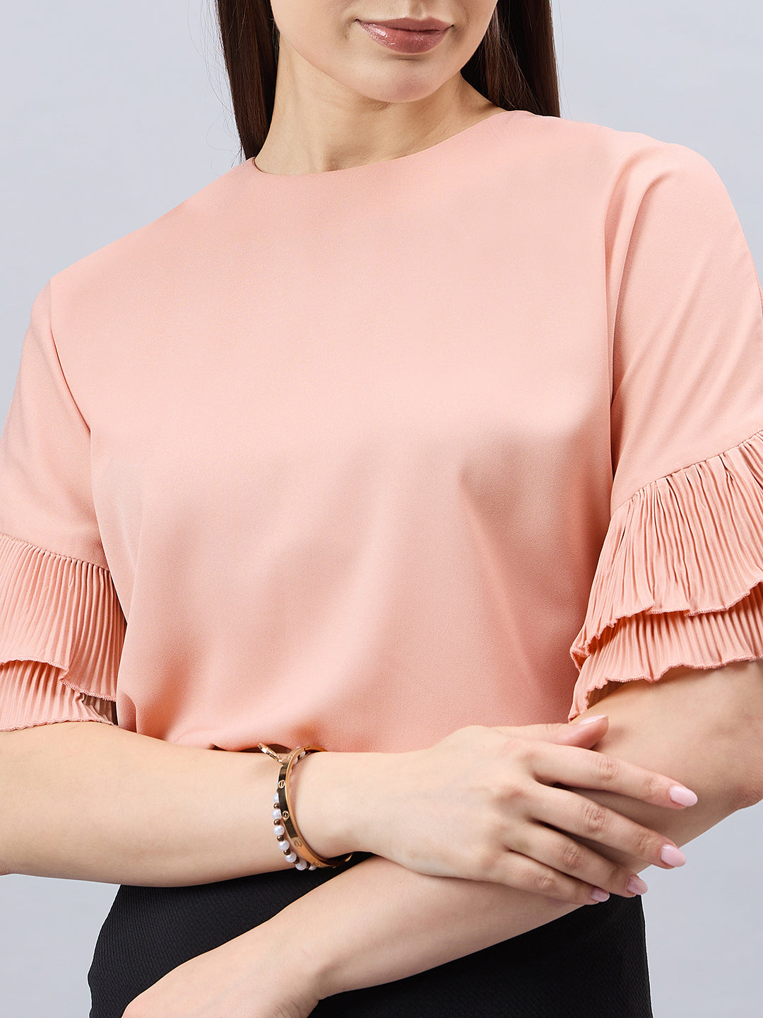 Style Quotient Women Solid Nude Polymoss Relaxed Fit Smart Casual Top