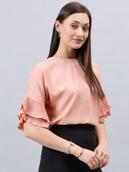 Style Quotient Women Solid Nude Polymoss Relaxed Fit Smart Casual Top