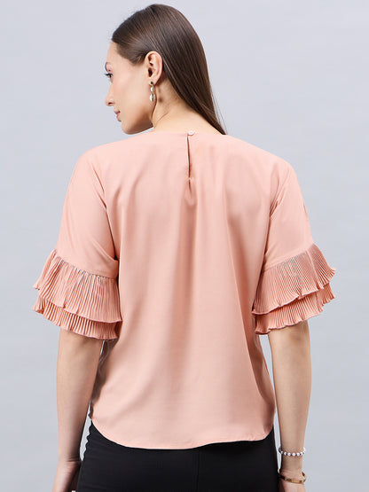 Style Quotient Women Solid Nude Polymoss Relaxed Fit Smart Casual Top