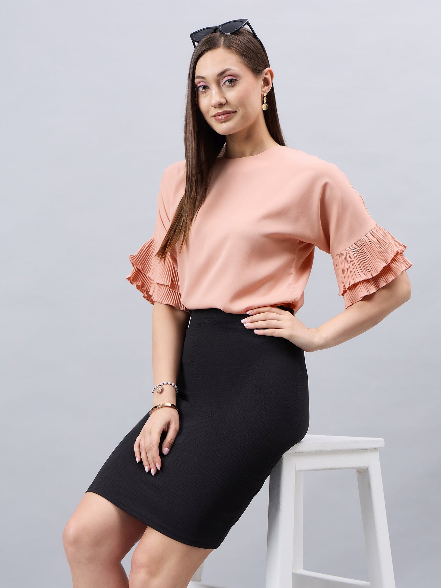 Style Quotient Women Solid Nude Polymoss Relaxed Fit Smart Casual Top