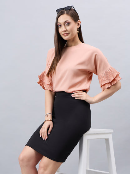 Style Quotient Women Solid Nude Polymoss Relaxed Fit Smart Casual Top