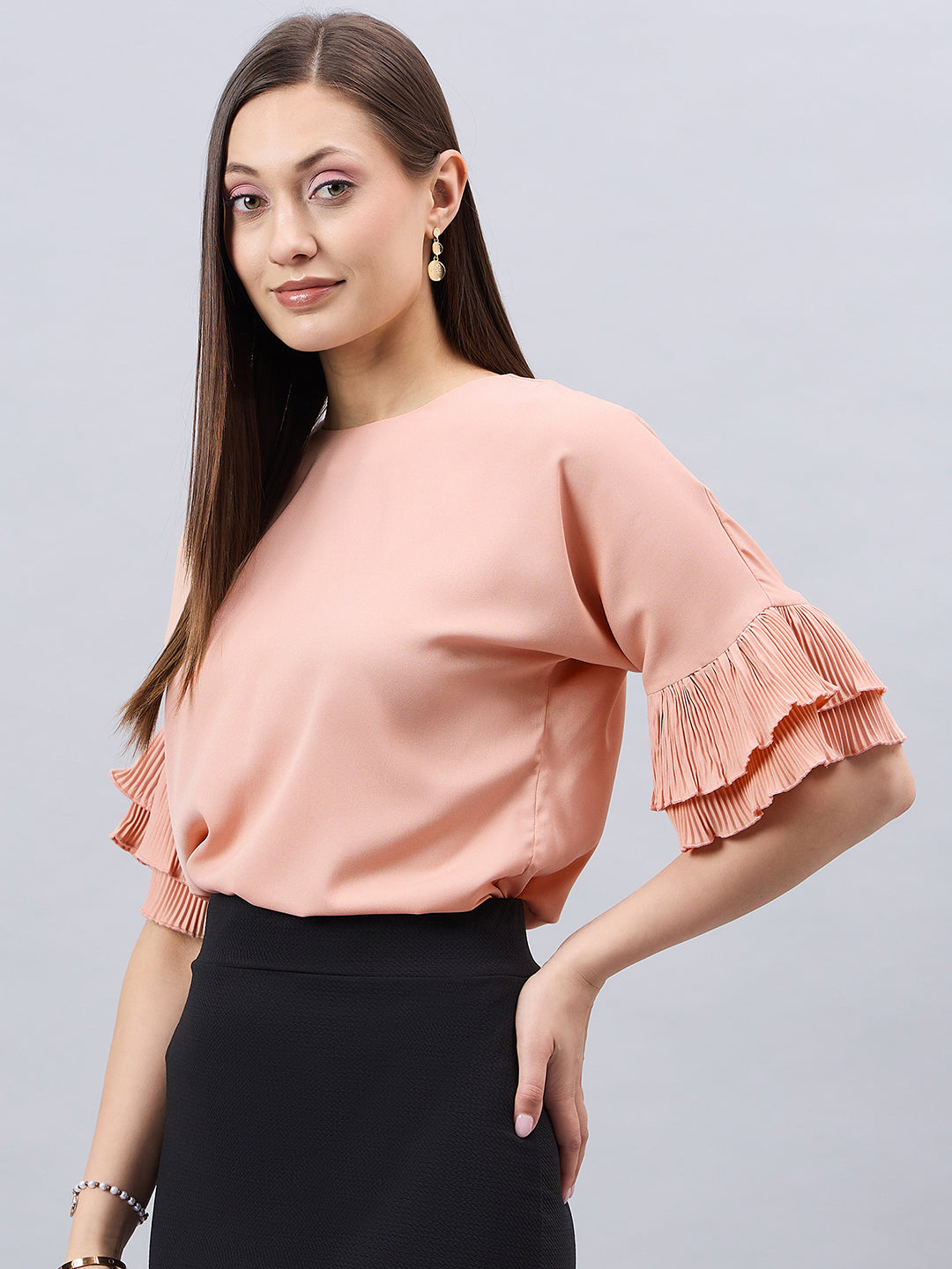 Style Quotient Women Solid Nude Polymoss Relaxed Fit Smart Casual Top