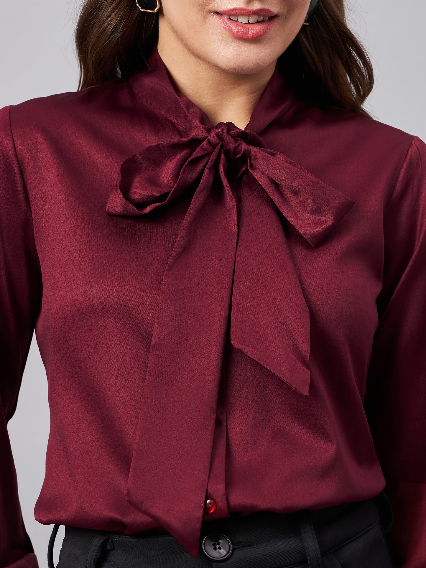 Style Quotient Women Solid Maroon Satin Tie up Regular Formal Shirt