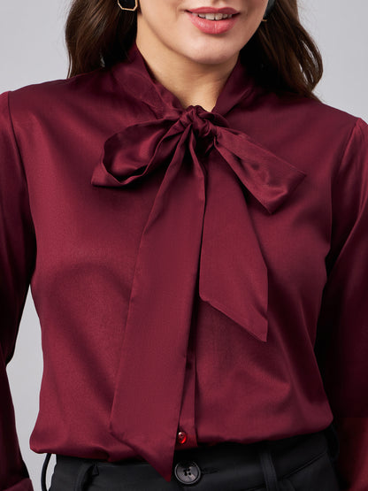 Style Quotient Women Solid Maroon Satin Tie up Regular Formal Shirt