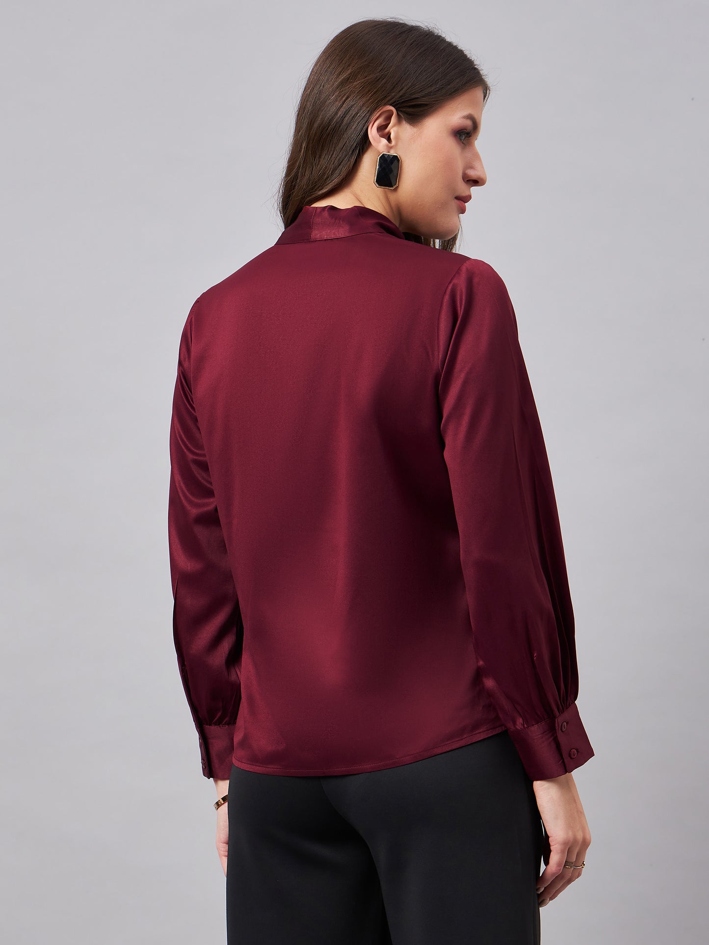 Style Quotient Women Solid Maroon Satin Tie up Regular Formal Shirt