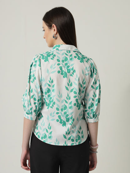 Style Quotient Women White And Green Floral Printed Polycrepe Regular Fit Formal Shirt