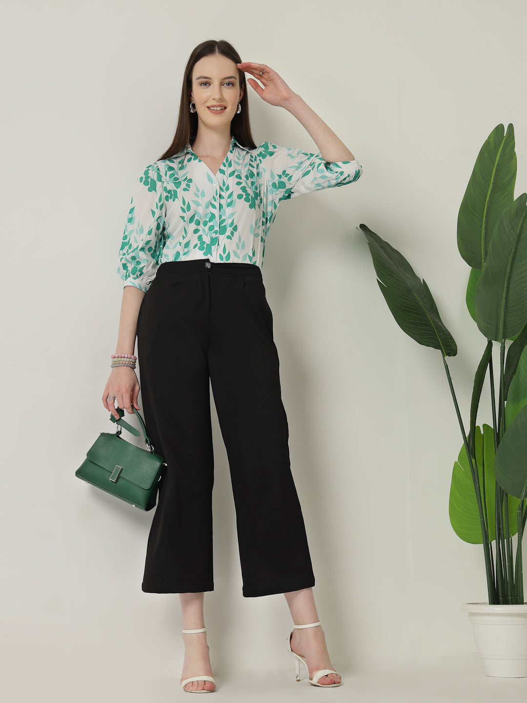 Style Quotient Women White And Green Floral Printed Polycrepe Regular Fit Formal Shirt