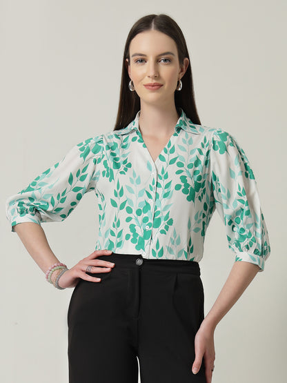 Style Quotient Women White And Green Floral Printed Polycrepe Regular Fit Formal Shirt