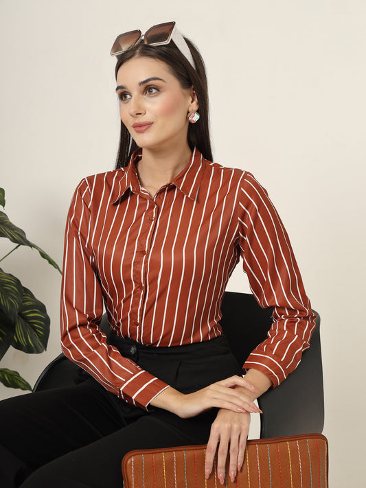 Style Quotient Women Brown And White Stripe Printed Polyester  Regular Fit Formal Shirt