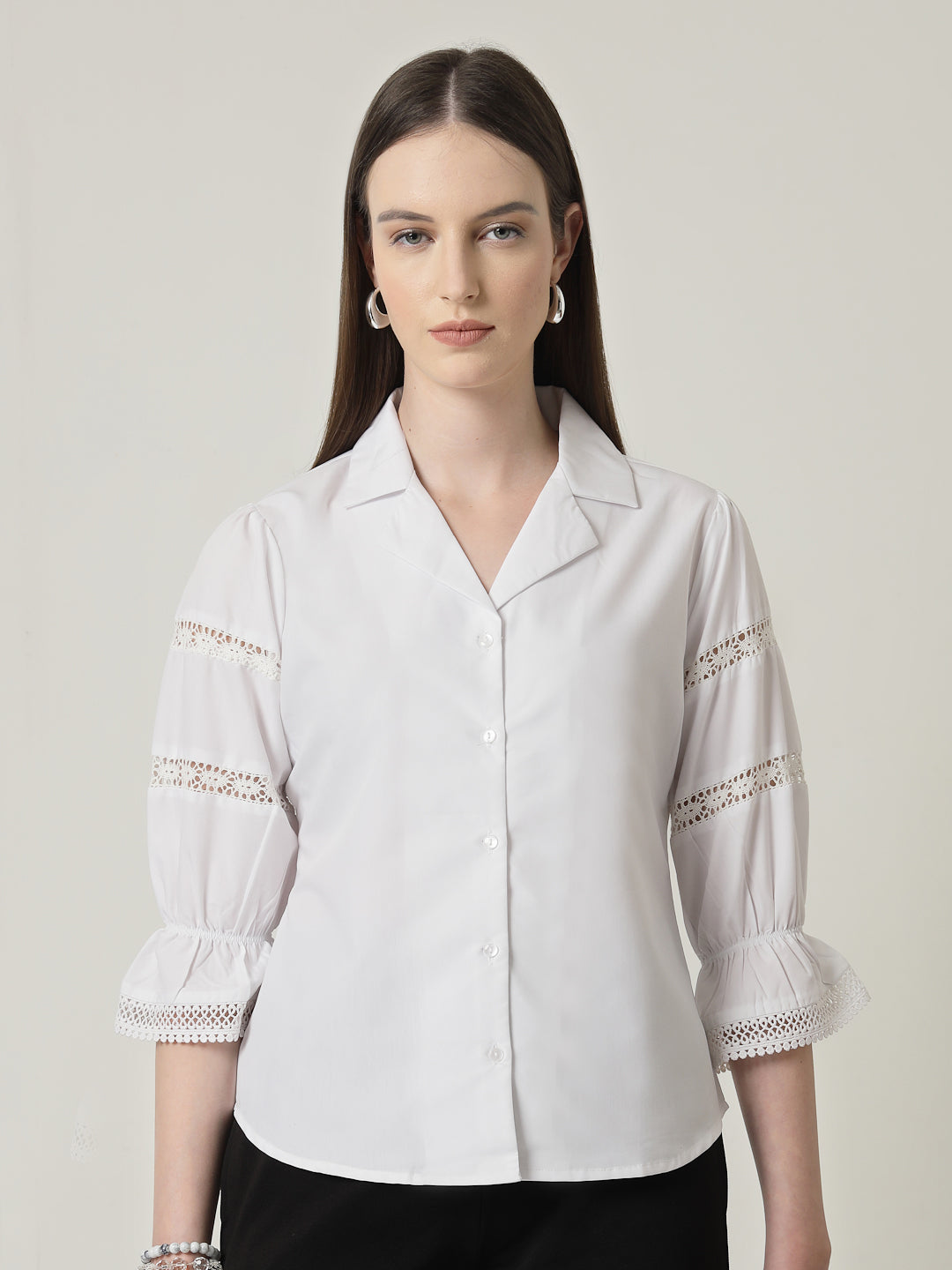 Style Quotient Women Solid White Regular Fit Lace Insert Formal Shirt