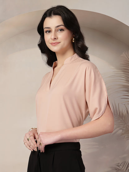 Style Quotient Women Solid Nude Polymoss Formal Top