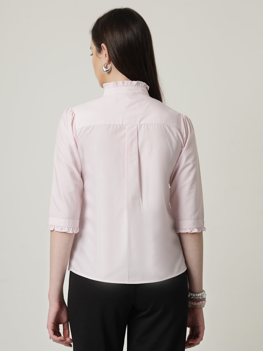 Style Quotient Women Pink Shirt with 3/4th sleeves & front frill