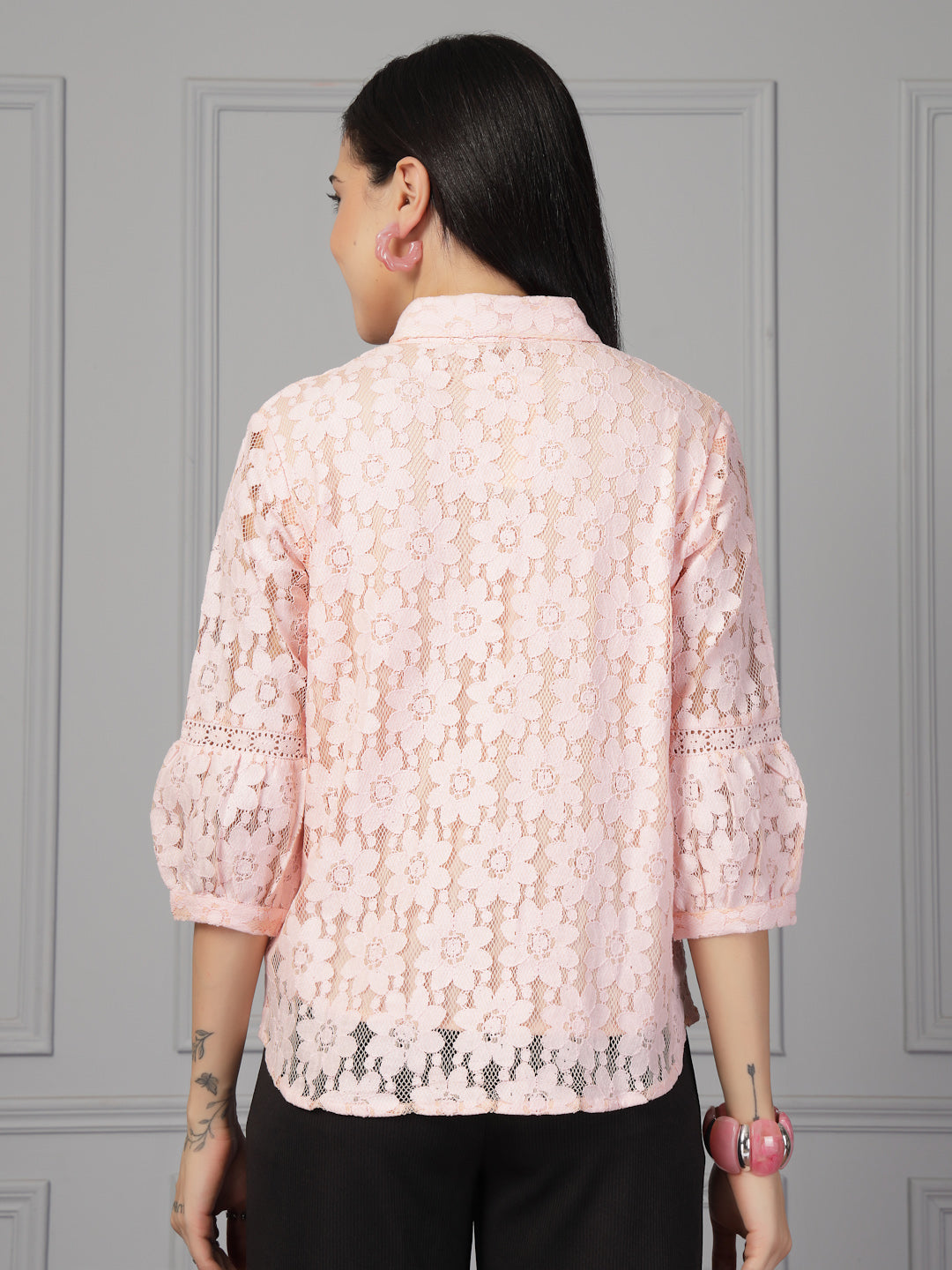 Style Quotient Women Peach Lace Shirt