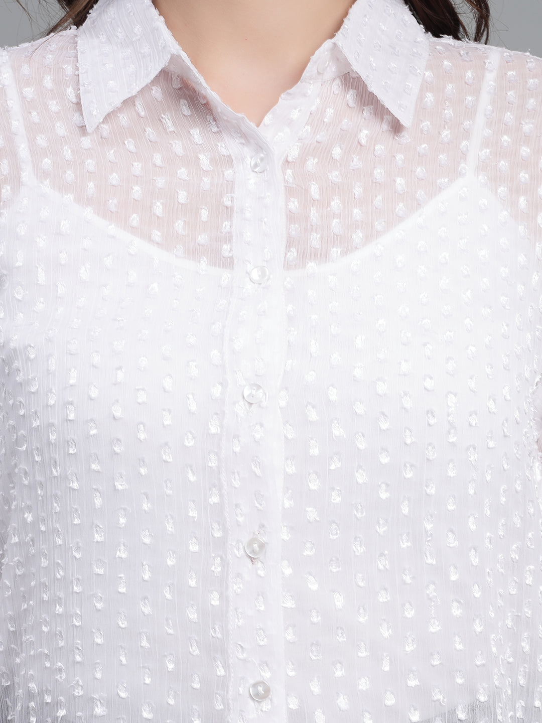 Style Quotient Women White Self Design Swiss Dot Polyester Formal Shirt