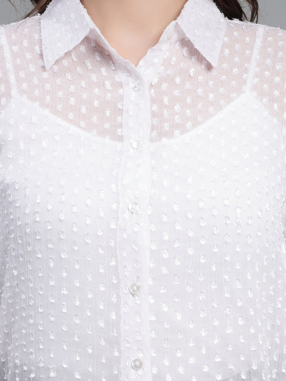 Style Quotient Women White Self Design Swiss Dot Polyester Formal Shirt