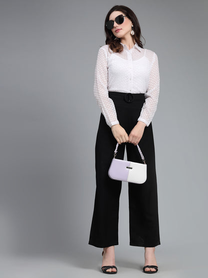 Style Quotient Women White Self Design Swiss Dot Polyester Formal Shirt