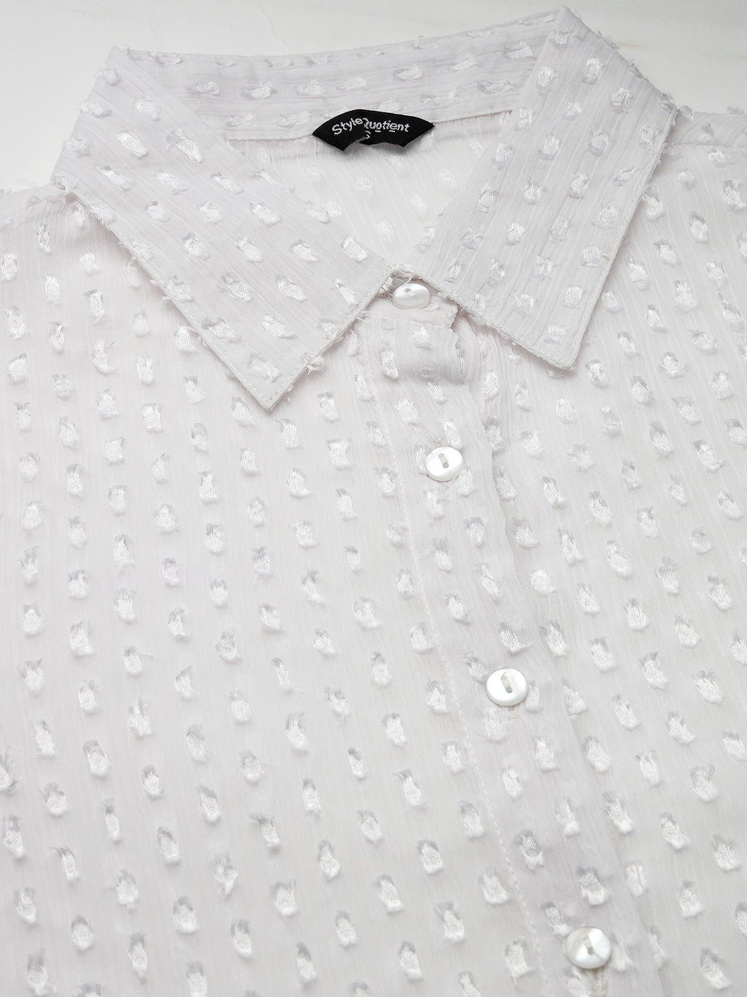 Style Quotient Women White Self Design Swiss Dot Polyester Smart Formal Shirt