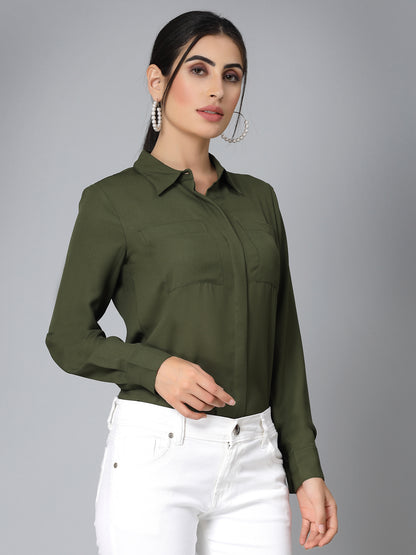 Style Quotient Women Solid Olive Polymoss Regular Formal Shirt