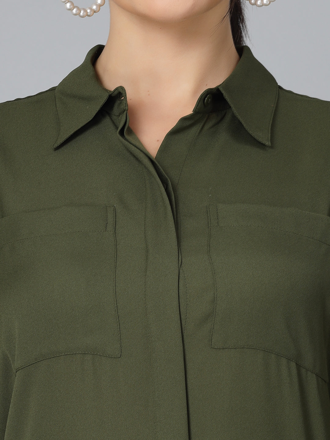 Style Quotient Women Solid Olive Polymoss Regular Formal Shirt