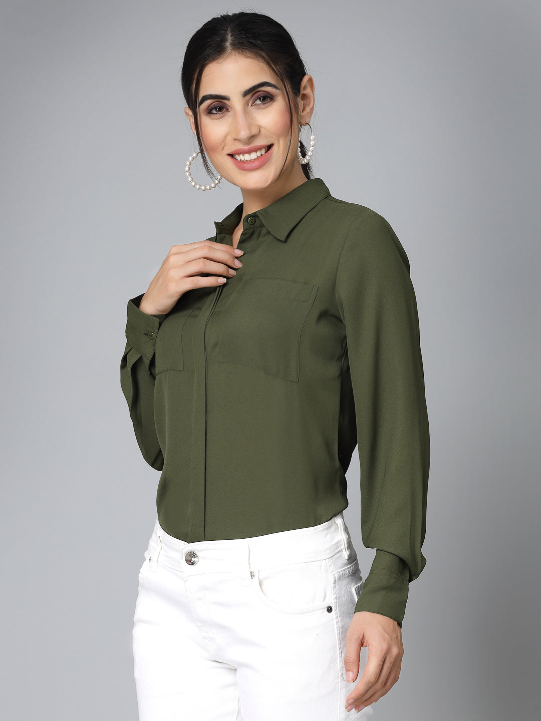 Style Quotient Women Solid Olive Polymoss Regular Formal Shirt
