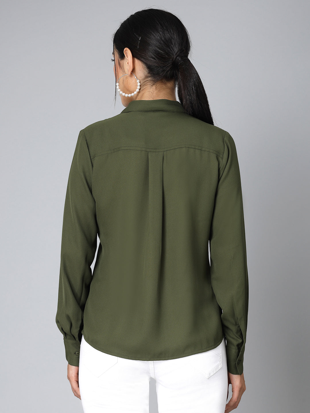 Style Quotient Women Solid Olive Polymoss Regular Formal Shirt