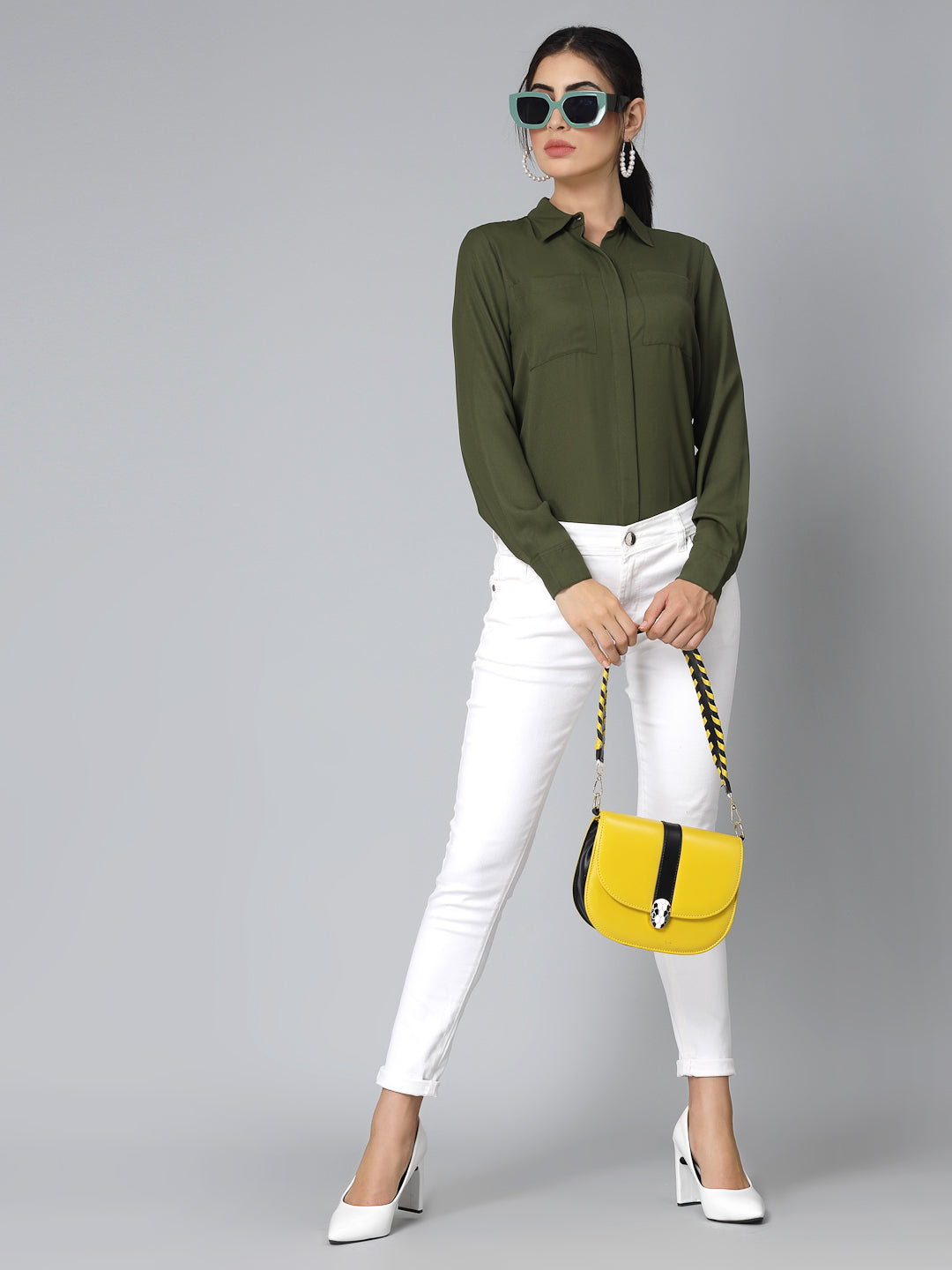 Style Quotient Women Solid Olive Polymoss Regular Formal Shirt