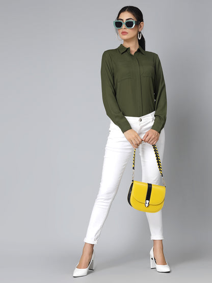 Style Quotient Women Solid Olive Polymoss Regular Formal Shirt