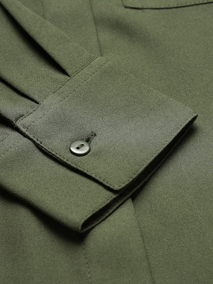 Style Quotient Women Solid Olive Polymoss Regular Formal Shirt