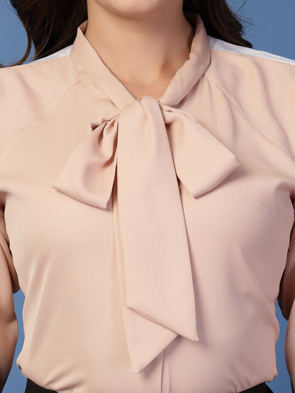 Style Quotient Women Solid Nude And White Polymoss Regular Fit Formal Colorblock Shirt