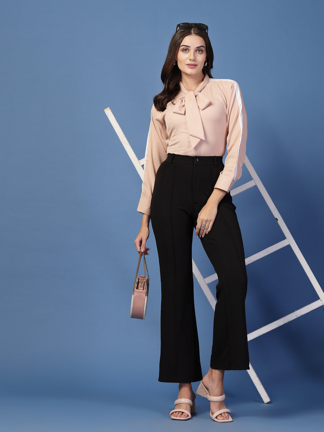 Style Quotient Women Solid Nude And White Polymoss Regular Fit Formal Colorblock Shirt