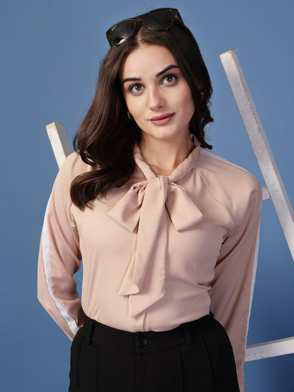 Style Quotient Women Solid Nude And White Polymoss Regular Fit Formal Colorblock Shirt