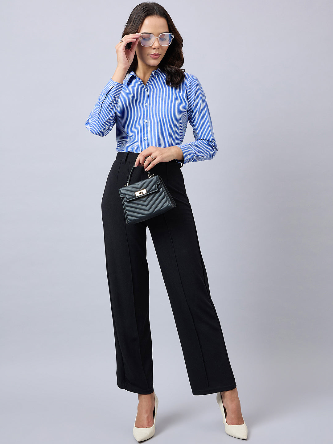 Style Quotient Women Blue And White Stripe Polycotton Regular Fit Formal Shirt