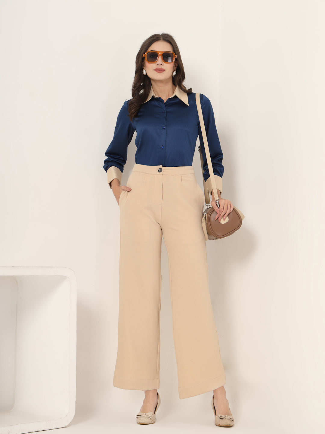 Style Quotient Women Navy And Champagne ColorBlock Satin Regular Fit Semi Formal Shirt