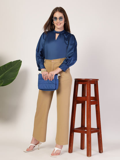 Style Quotient Women Solid Petrol Satin Regular Fit Semi Formal Top