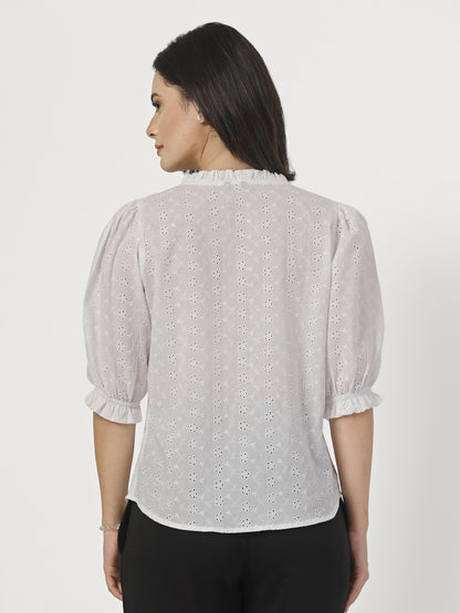 Style Quotient Women White Textured White Frill Shirt