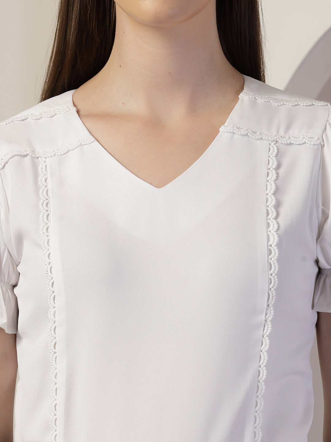 Style Quotient Women Solid White Polymoss Regular Fit Smart Casual Lace Insert Top