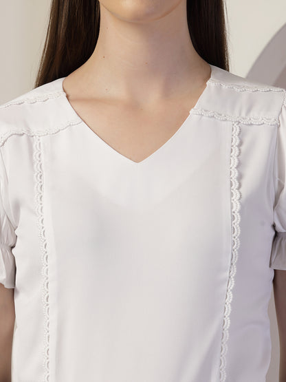 Style Quotient Women Solid White Polymoss Regular Fit Smart Casual Lace Insert Top