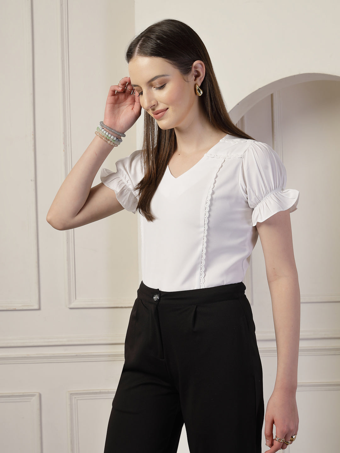 Style Quotient Women Solid White Polymoss Regular Fit Smart Casual Lace Insert Top