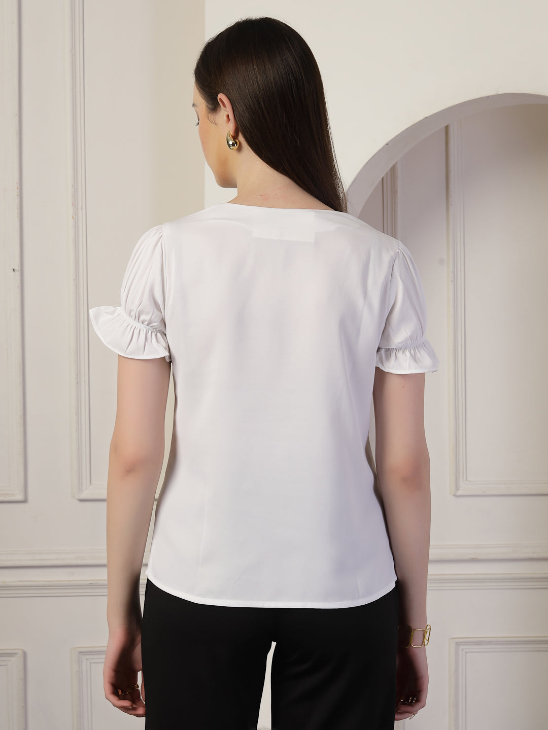 Style Quotient Women Solid White Polymoss Regular Fit Smart Casual Lace Insert Top
