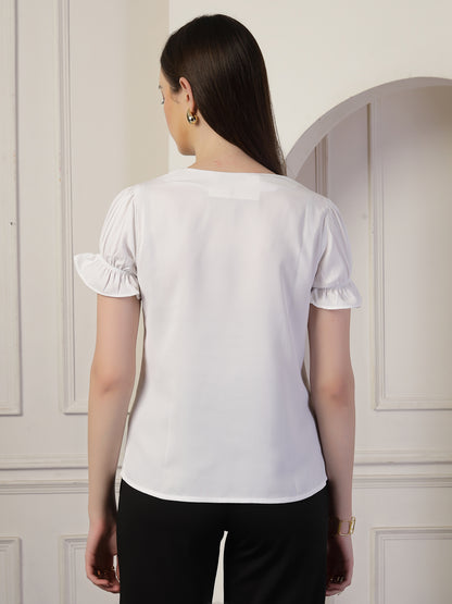 Style Quotient Women Solid White Polymoss Regular Fit Smart Casual Lace Insert Top