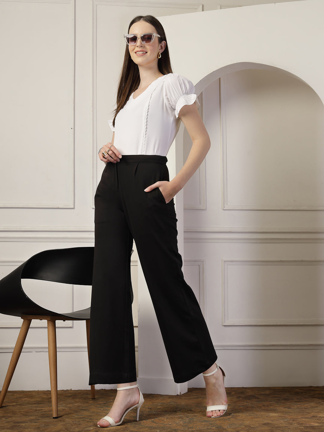 Style Quotient Women Solid White Polymoss Regular Fit Smart Casual Lace Insert Top