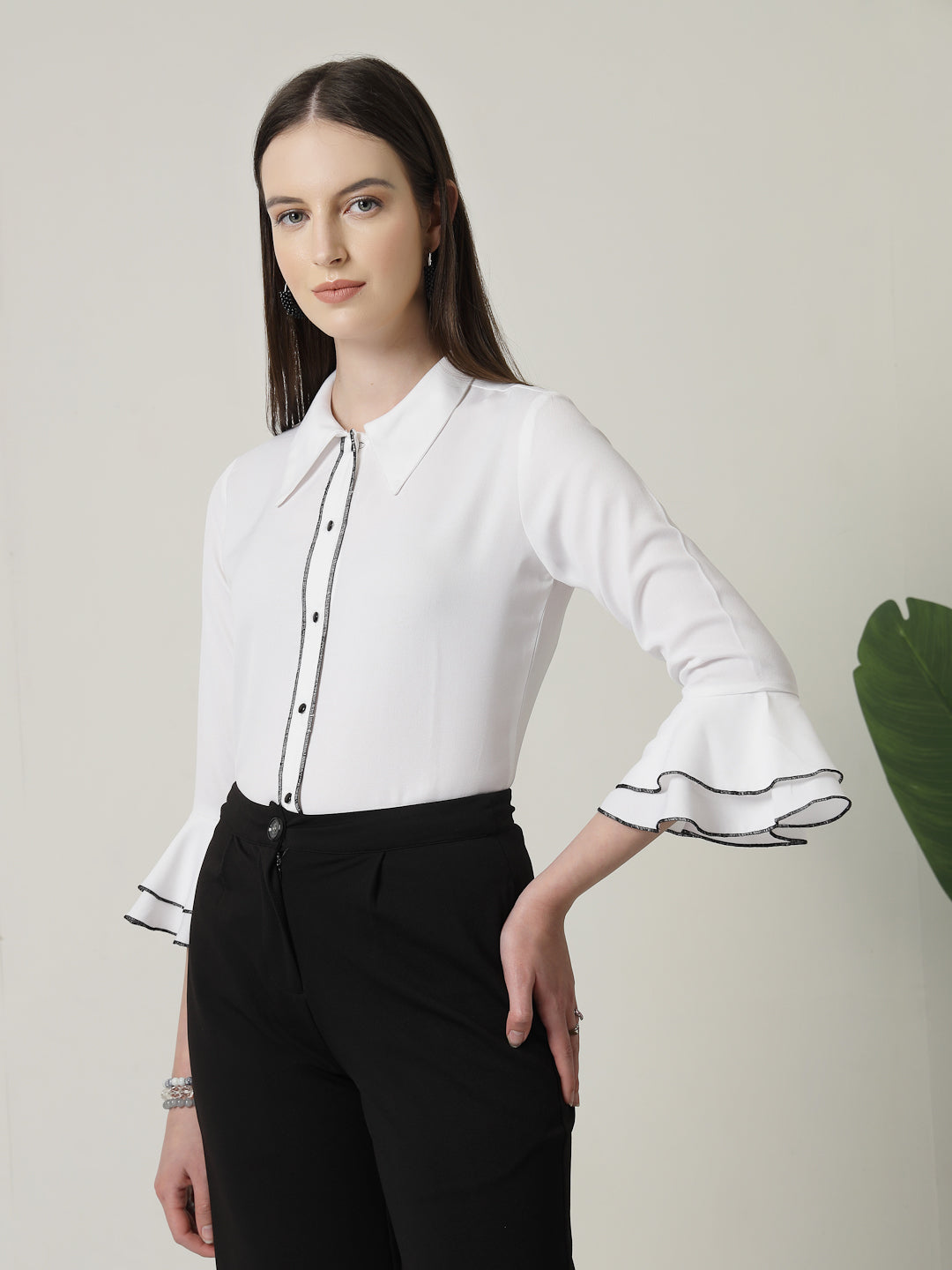 Style Quotient Women Solid White Regular Fit Polyester Bell Sleeve Formal Shirt